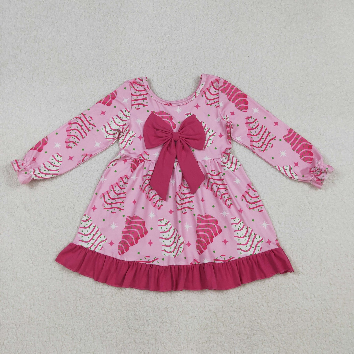 GLD1276 Baby Girls Pink Stripe Trees Stars Christmas Bow Ruffle Knee Length Dresses