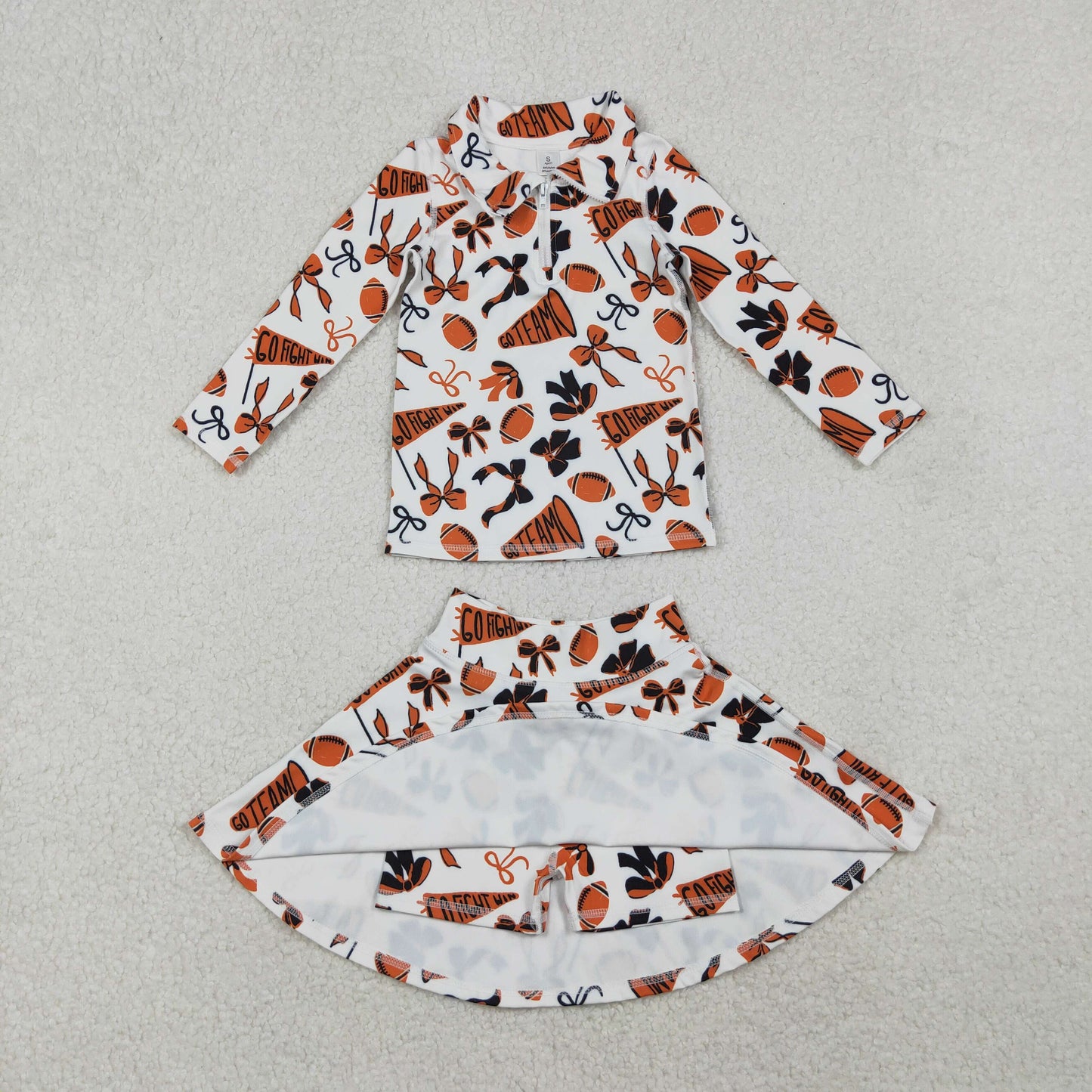 GLD1285 Baby Girls Black Orange Bows Footballs Zipper Pullovers Skirt Shorts Team Yoga Active Clothes Set