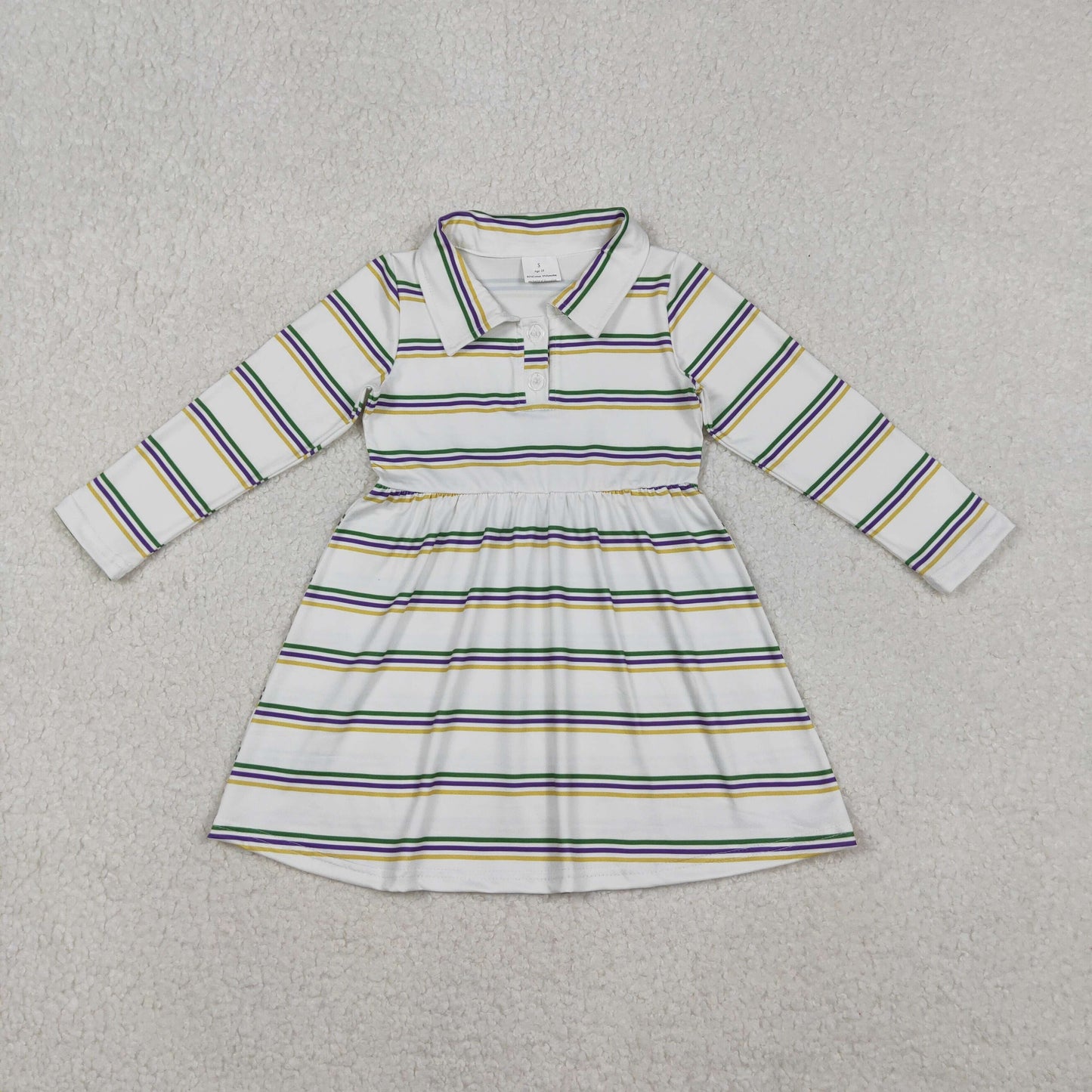 GLD1331 Baby Girls Mardigras Stripes Button Knee Length Dresses