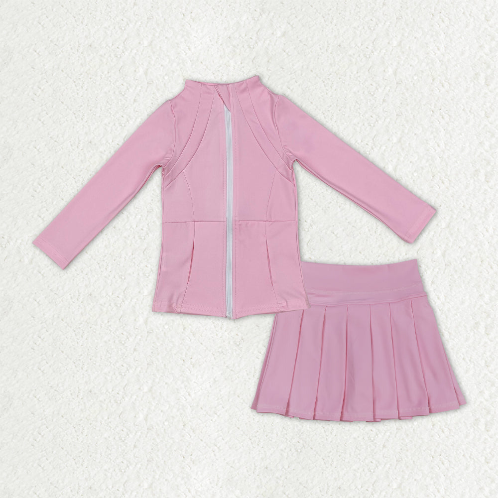 GLD1380 Baby Girls Pink Zipper Pocket Jacket Pleated Skirt Shorts Yoga Active Clothes Sets