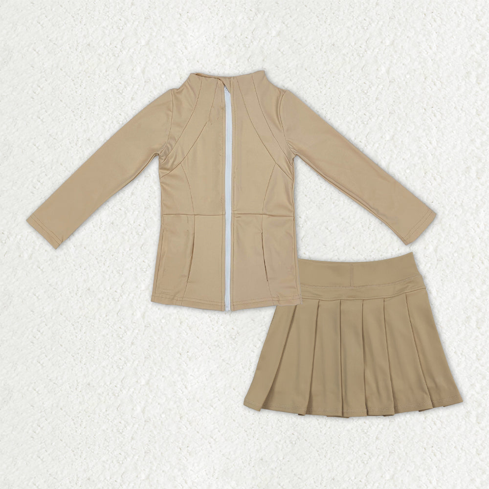 GLD1381 Baby Girls Khaki Zipper Pocket Jacket Pleated Skirt Shorts Yoga Active Clothes Sets