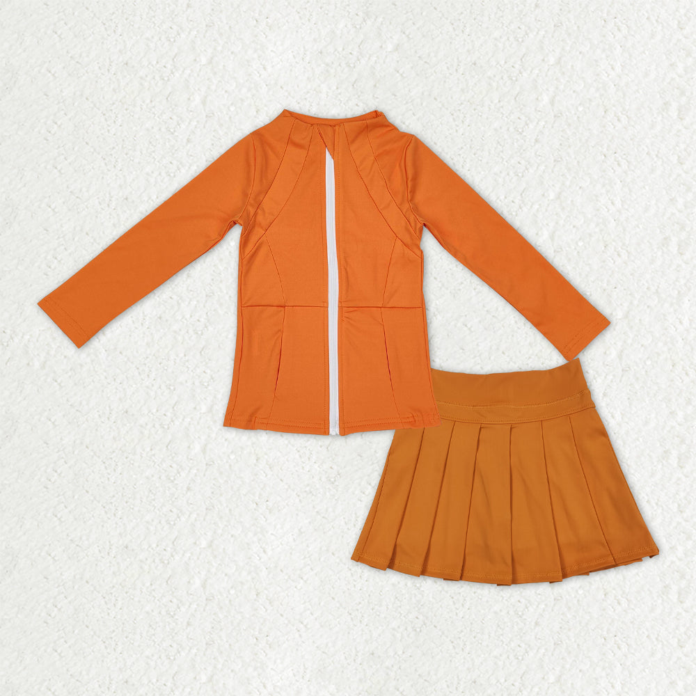 GLD1382 Baby Girls Orange Zipper Pocket Jacket Pleated Skirt Shorts Yoga Active Clothes Sets