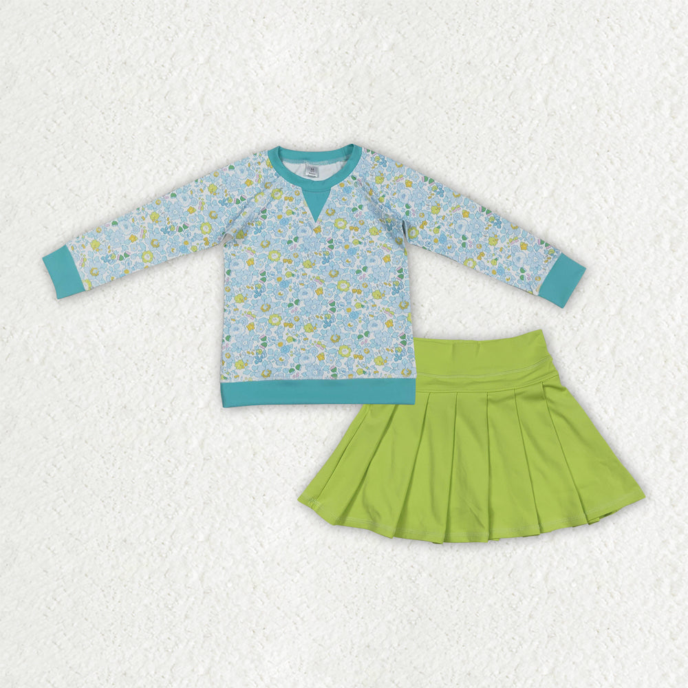 GLD1570 Baby Girls Floral Long Sleeve Top Green Pleated Skirt Short Yoga Active Clothes Sets