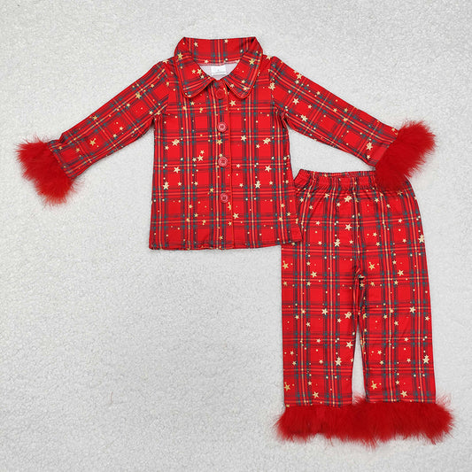 GLP0956 baby girls christmas checkered fur button up pajamas sets