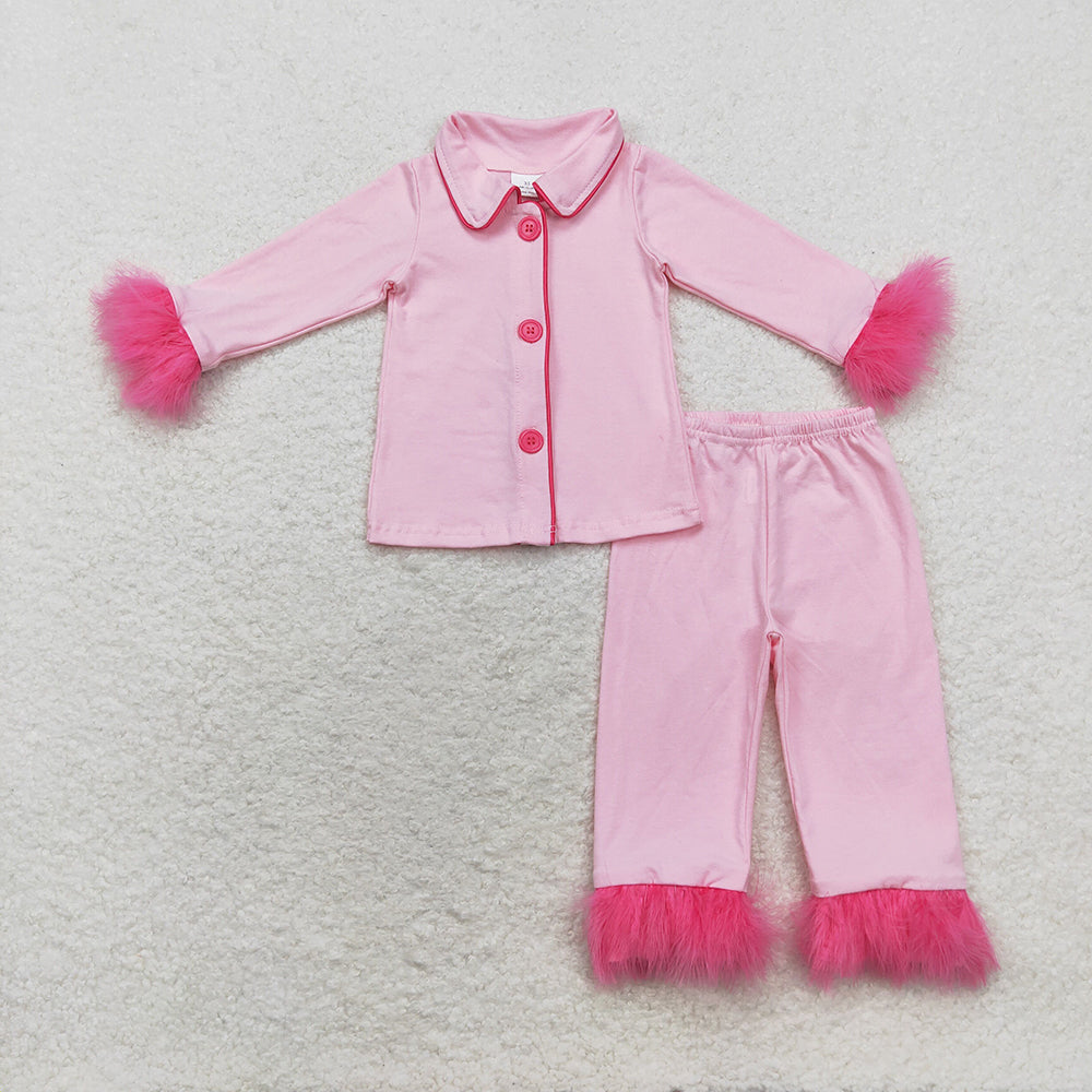 GLP1255 baby girls pink cotton fur button up pajamas sets