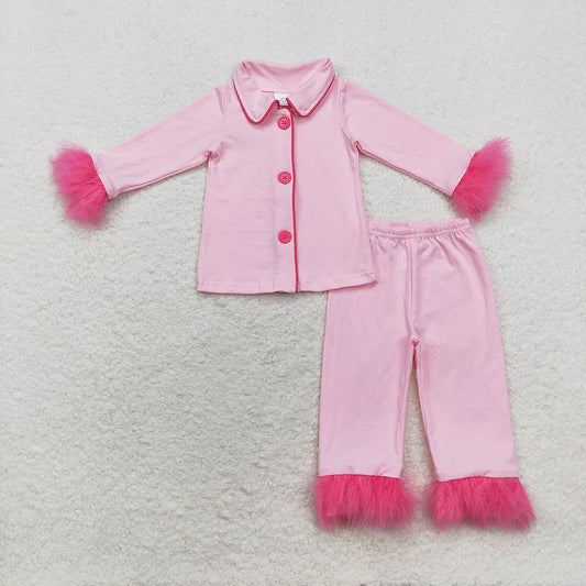 GLP1255 baby girls pink cotton fur button up pajamas sets