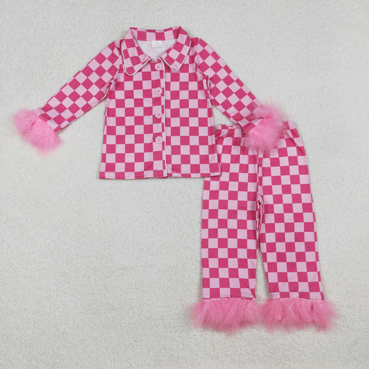 GLP1256 Baby Girls Pink Checkered Fur Sleeve Button Top Pant Pajamas Sets