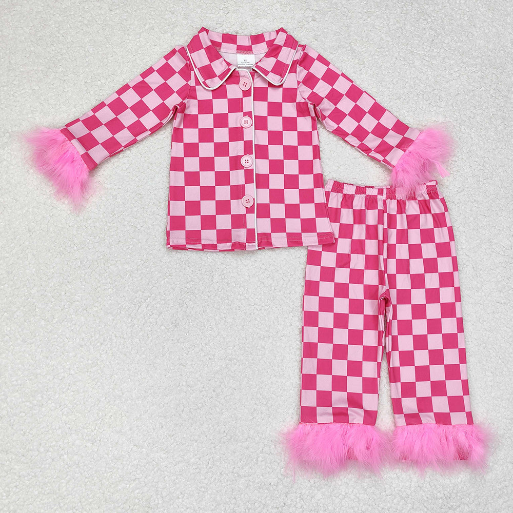 GLP1256 Baby Girls Pink Checkered Fur Sleeve Button Top Pant Pajamas Sets
