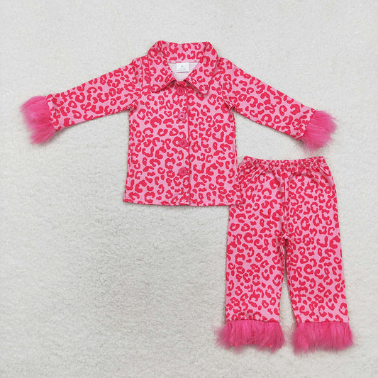 GLP1257 baby girls pink leopard fur button up pajamas sets