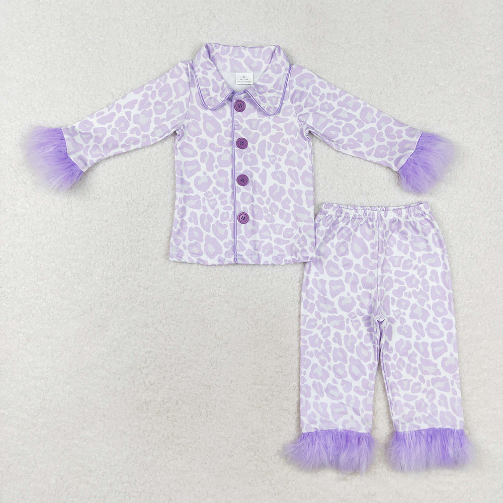GLP1259 baby girls lavender leopard fur button up pajamas sets
