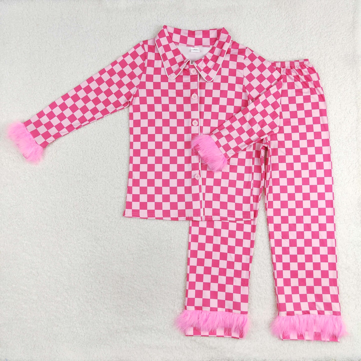 GLP1265 Adult Women Pink Checked Button Top Pants Winter Fur Sleeve Pajamas Set