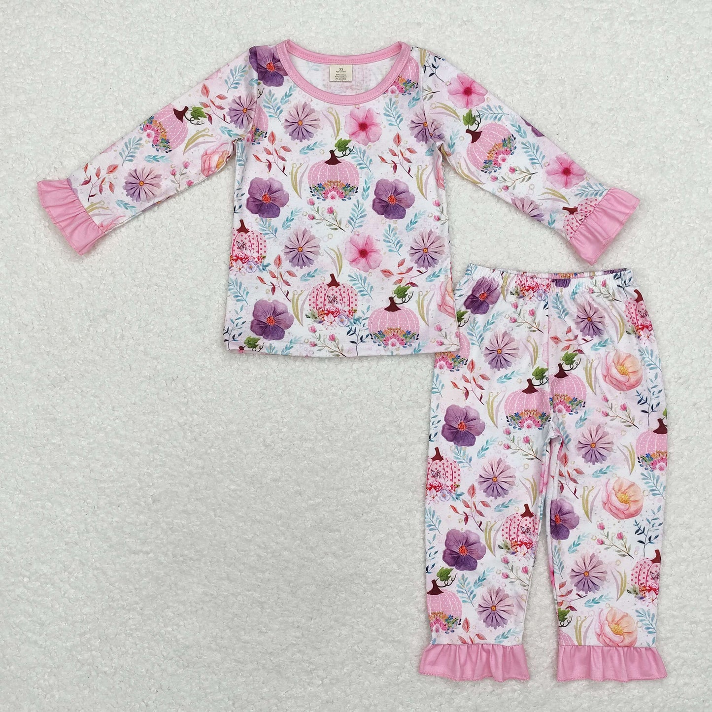GLP1482 Bamboo Baby Girls Pink Purple Floral Pumpkins Top Ruffle Pants Fall Pajamas Sets