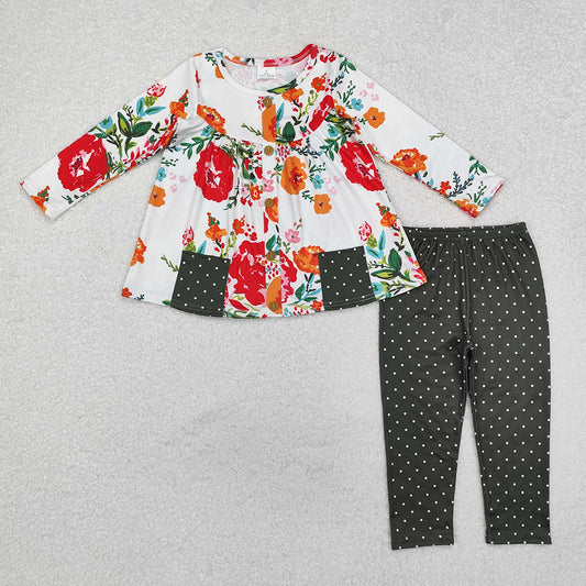 GLP1851 baby girl green flowers pockets tunic legging outfits