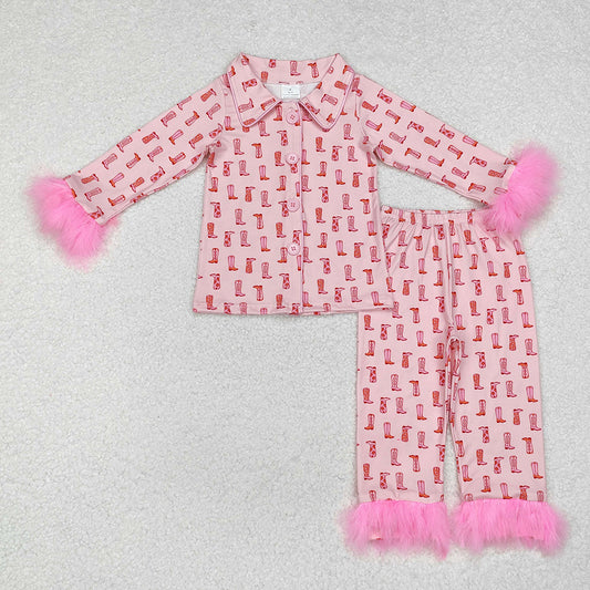 GLP1868 baby girls western pink boots fur button up pajamas sets