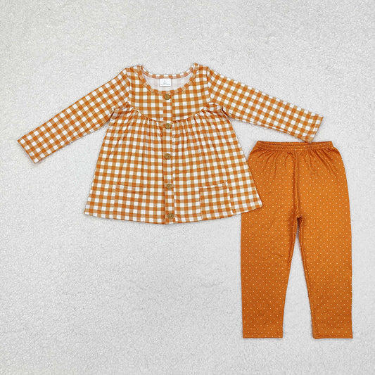 GLP1895 baby girl mustard checkered pockets tunic legging outfits