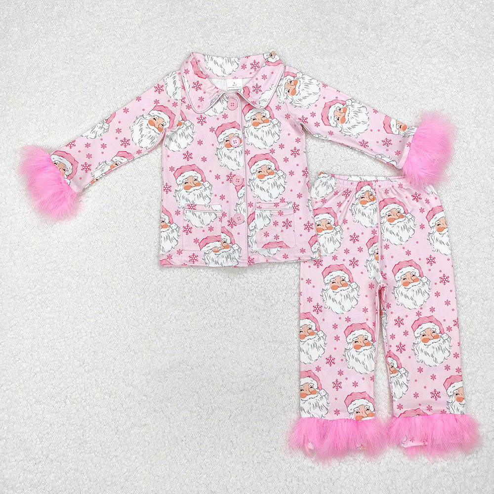 GLP1900 baby girls Christmas pink santa fur button up pajamas sets