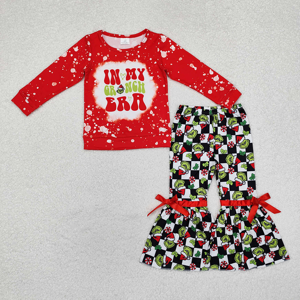 GLP1902 Baby Girls Grin Flowers Top Checked Bell Bottom Pants Christmas Clothes Sets