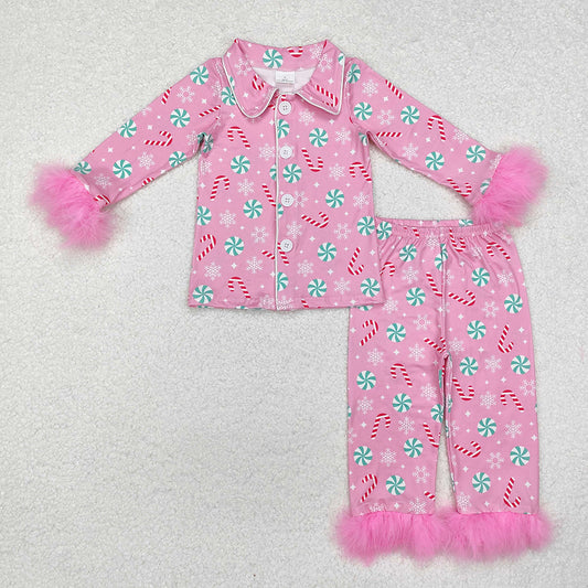 GLP2025 baby girls Christmas pink circle fur button up pajamas sets