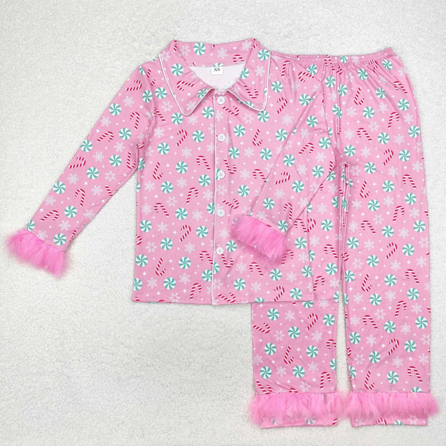 GLP2028 Adult Women Pink Snowflakes Candy Button Top Pants Christmas Fur Sleeve Pajamas Set