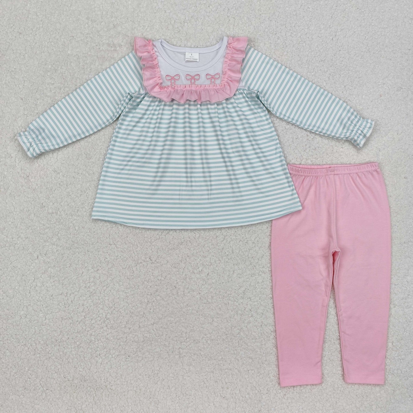 Sibling Baby Girls Embroidery Bows Stripe Tunic Leggings Pants Clothes Sets