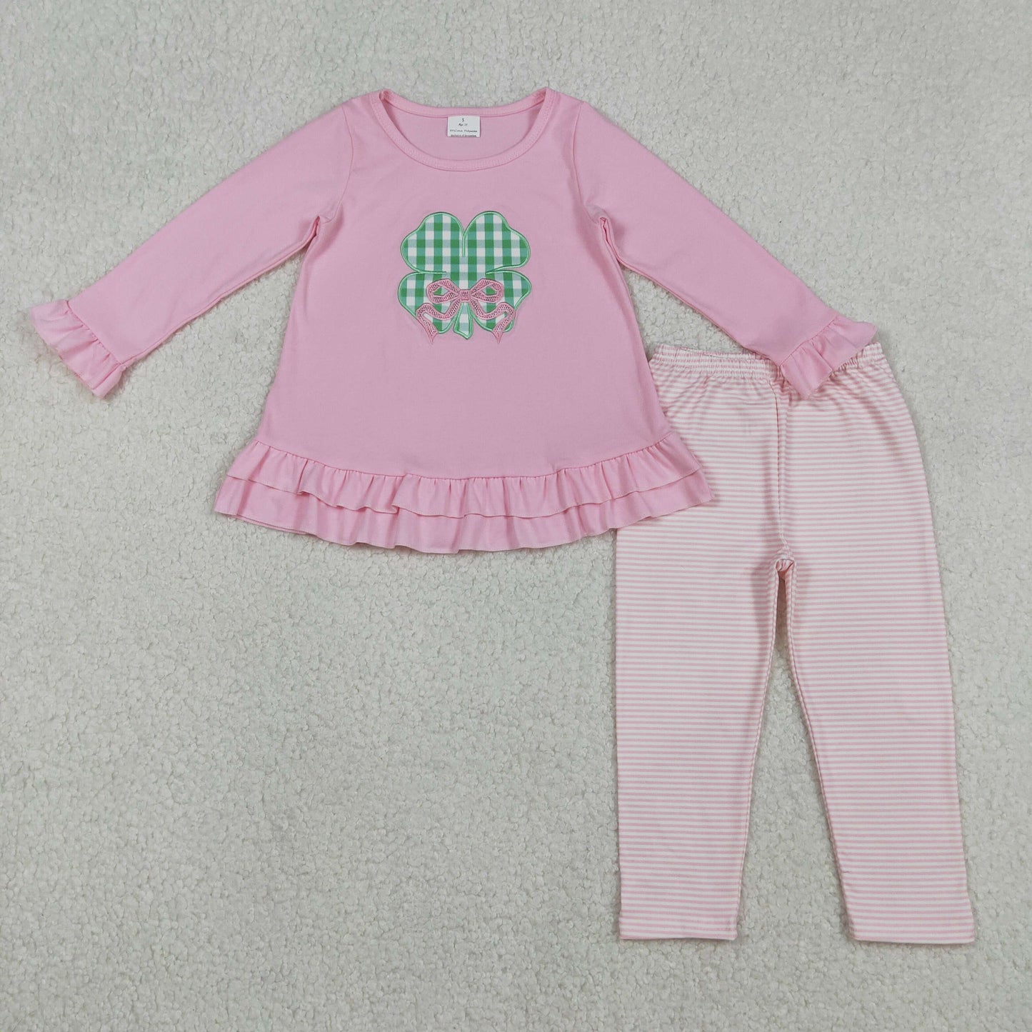 GLP2210 Baby Girls Embroidery Bows Clovers Tunic Stripe Leggings St Patrick Clothes Sets