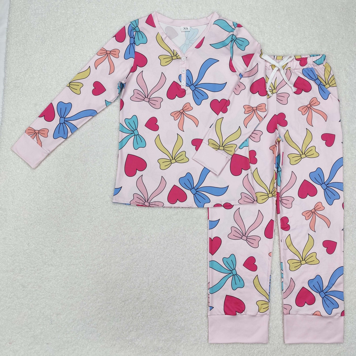 GLP2275 Adult Women Colorful Bows Hearts Button Top Pants Valentine Pajamas Set