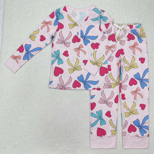 GLP2275 Adult Women Colorful Bows Hearts Button Top Pants Valentine Pajamas Set