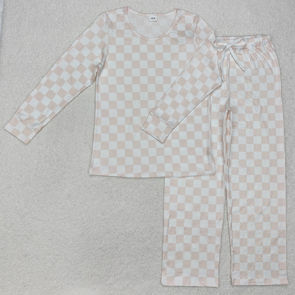 GLP2291 Adult Women Light Pink White Checked Button Top Pants Pajamas Set