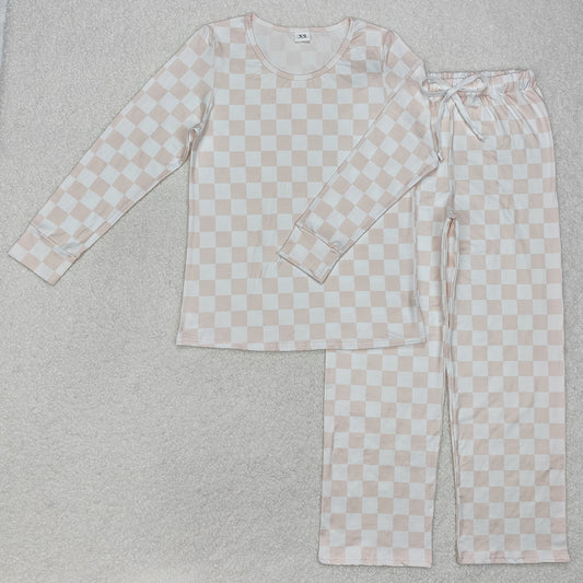 GLP2291 Adult Women Light Pink White Checked Button Top Pants Pajamas Set