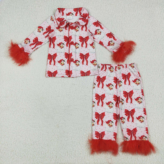 GLP2373 baby girls Christmas santa bows cotton fur button up pajamas sets
