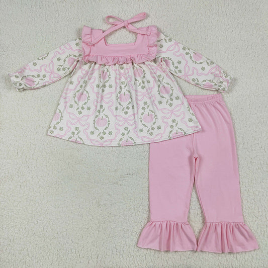 GLP2397 baby girl Fall pumpkin bows pink Tunic ruffle pants clothes sets
