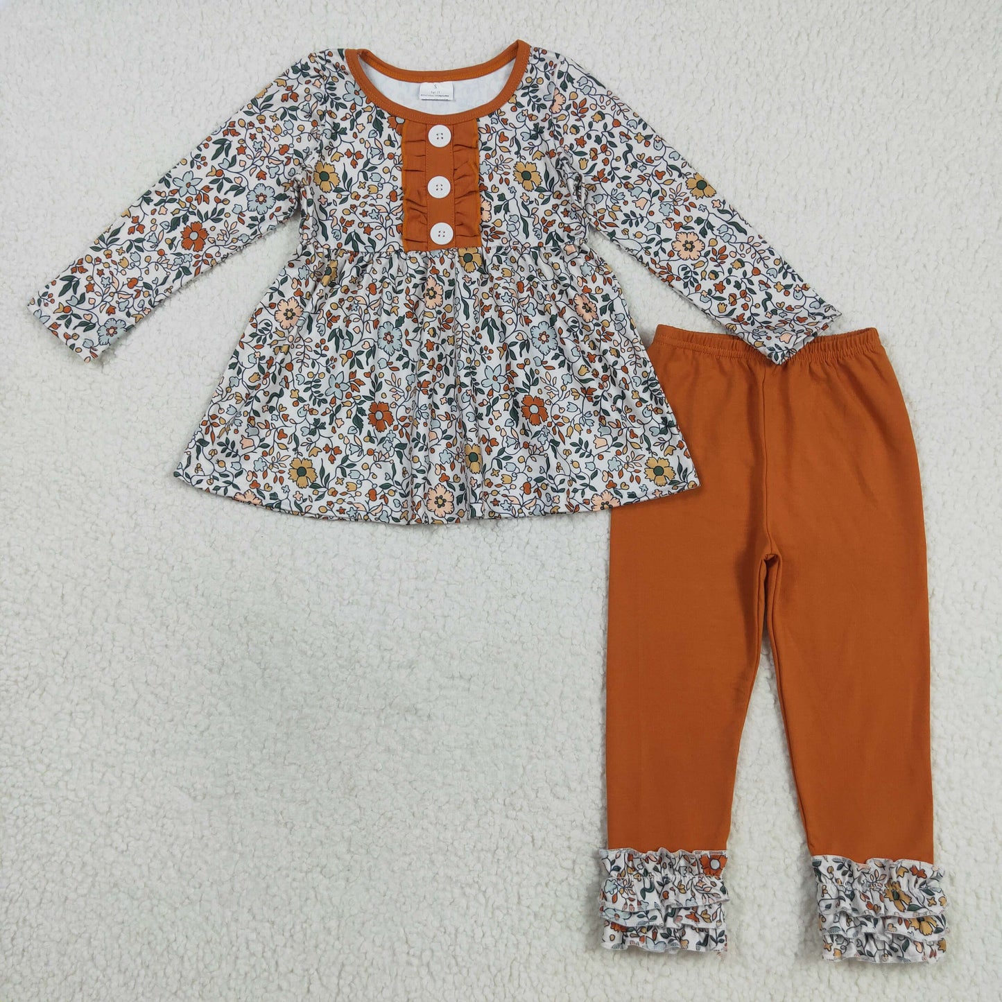 GLP2404 Baby Girls Long Sleeve Brown Flowers Button Tunic Ruffle Leggings Clothes Set