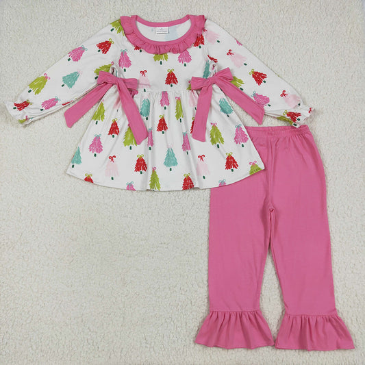 GLP2422 baby girl Christmas bows trees Tunic ruffle pants clothes sets