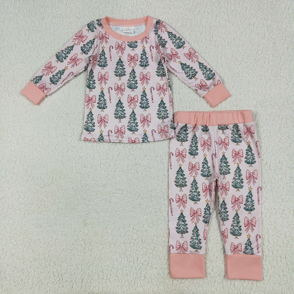 GLP2423 toddler girls clothes pink green Christmas trees pajamas sets