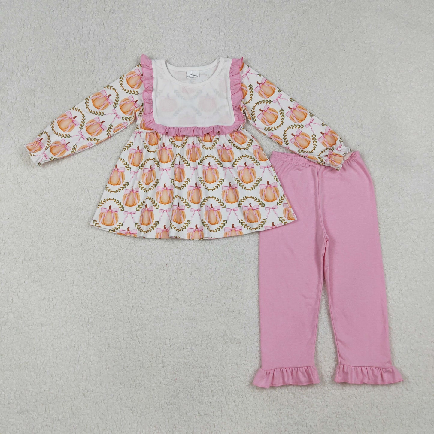 GLP2427 Baby Girls Long Sleeve Bows Pumpkins Checked Tunic Ruffle Pants Fall Clothes Set