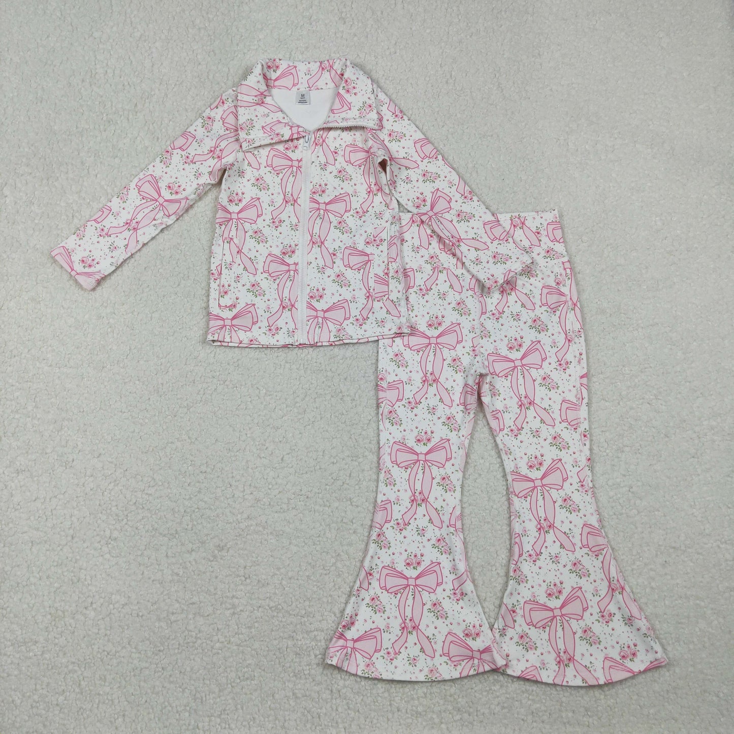 GLP2440 Baby Girls Pink Bows Flowers Zipper Jacket Bell Bottom Pants Yoga Active Clothes Sets