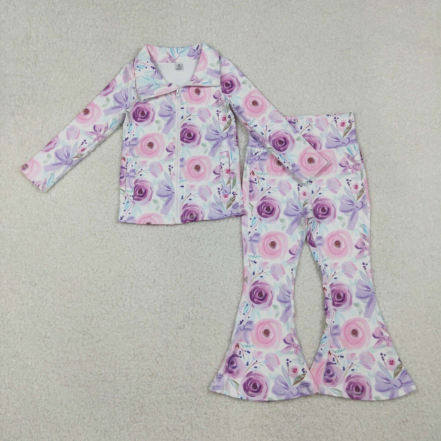 GLP2441 Baby Girls Pink Flowers Zipper Jacket Bell Bottom Pants Yoga Active Clothes Sets