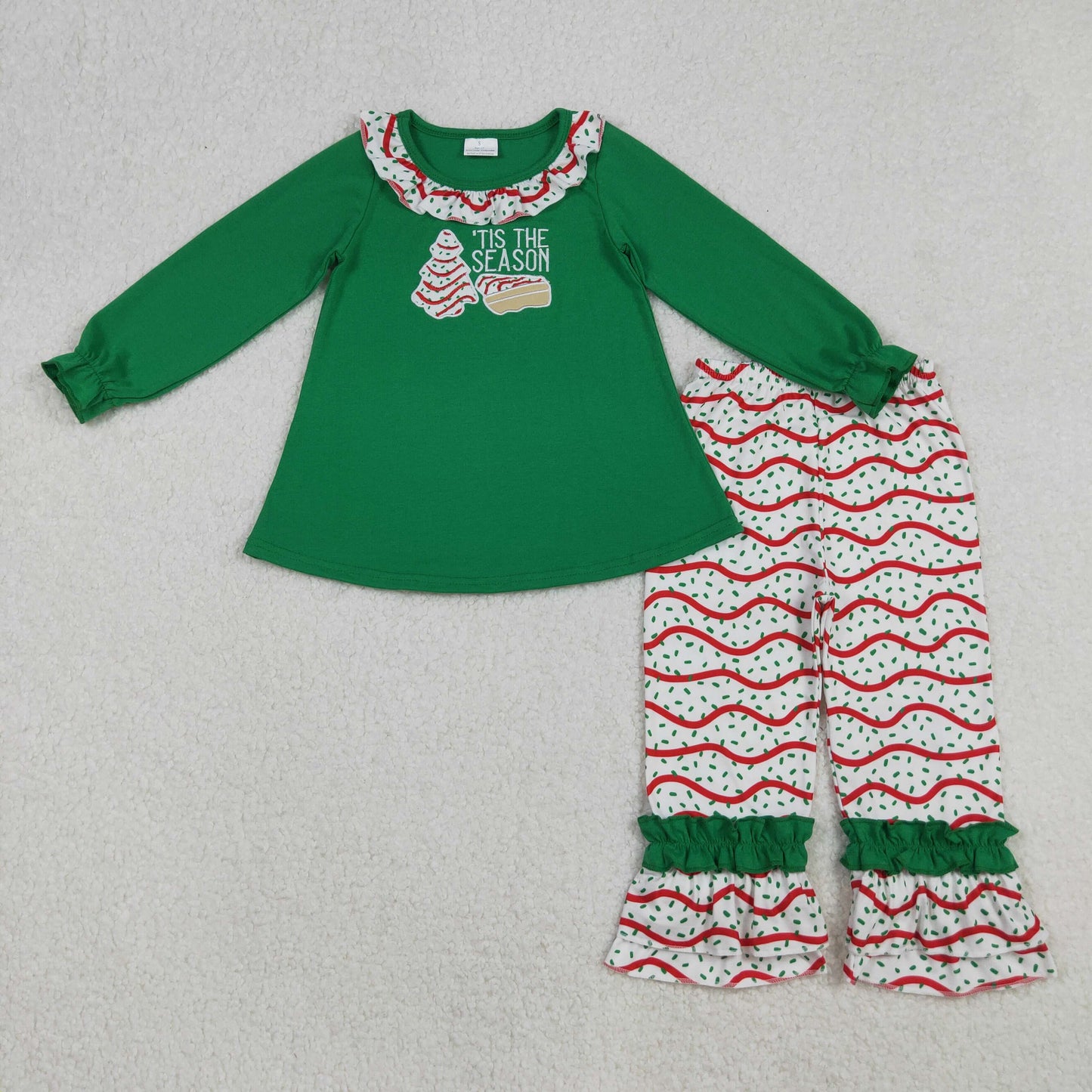 GLP2518 Baby Girls Embroidery Stripe Trees Tunic Ruffle Pants Christmas Clothes Sets