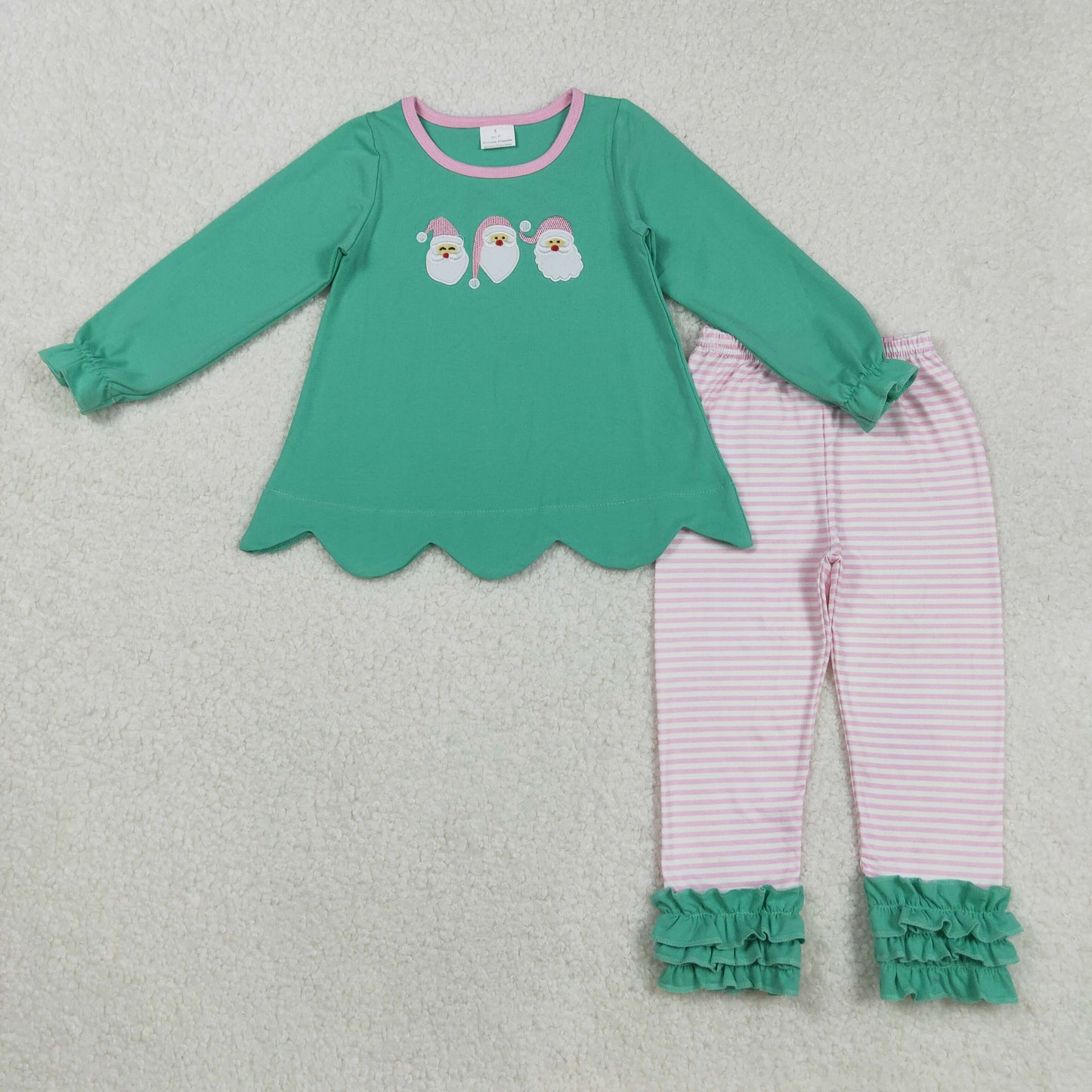 GLP2575 Baby Girls Embroidery Santa Tunic Ruffle Stripe Pants Christmas Clothes Sets