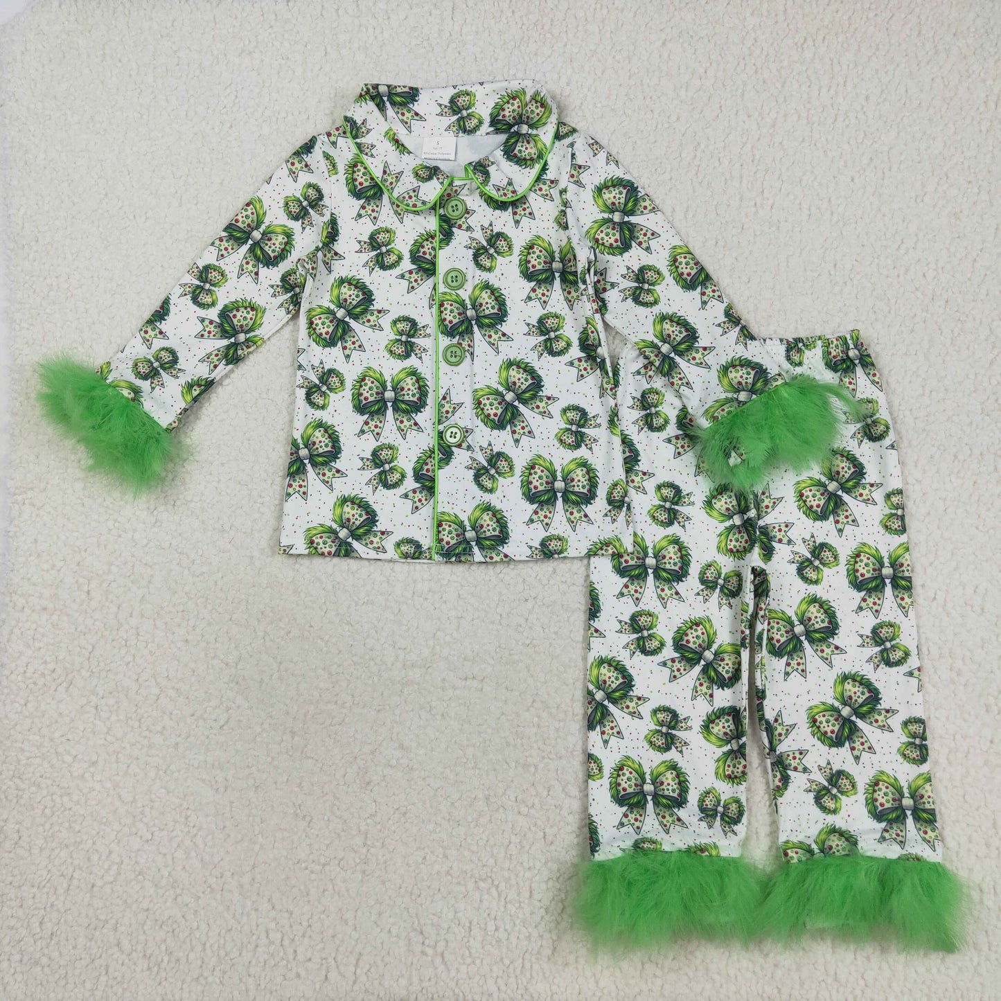 GLP2582 Baby Girls Green Bows Button Top Pants Fur Sleeve Christmas Pajamas Sets