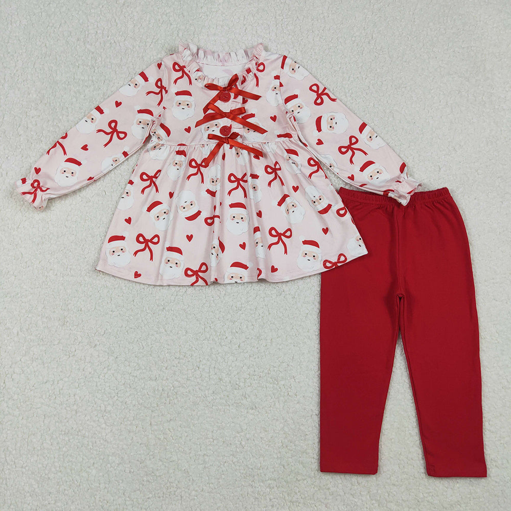 Sibling Baby Girls Bows Santa Button Tunic Leggings Christmas Clothes Set Knee Length Dress