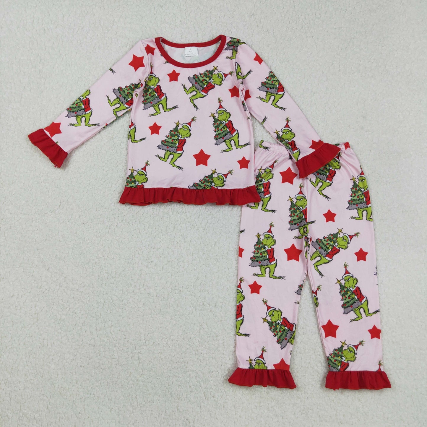 GLP2635 Baby Girls Green Faces Trees Stars Top Ruffle Pants Christmas Pajamas Sets