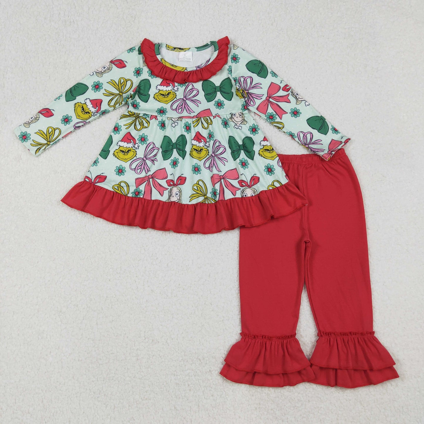GLP2651 Baby Girls Bows Grin Flowers Tunic Ruffle Pants Christmas Clothes Set