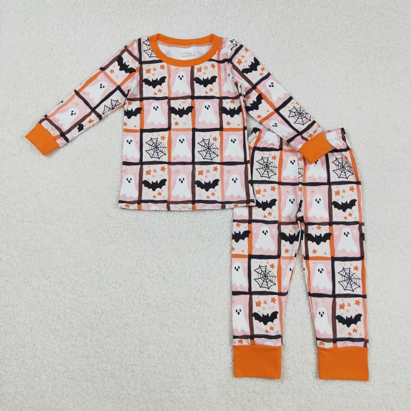 GLP2682 Baby Girls Orange Checked Bats Ghosts Top Pants Halloween Pajamas Sets