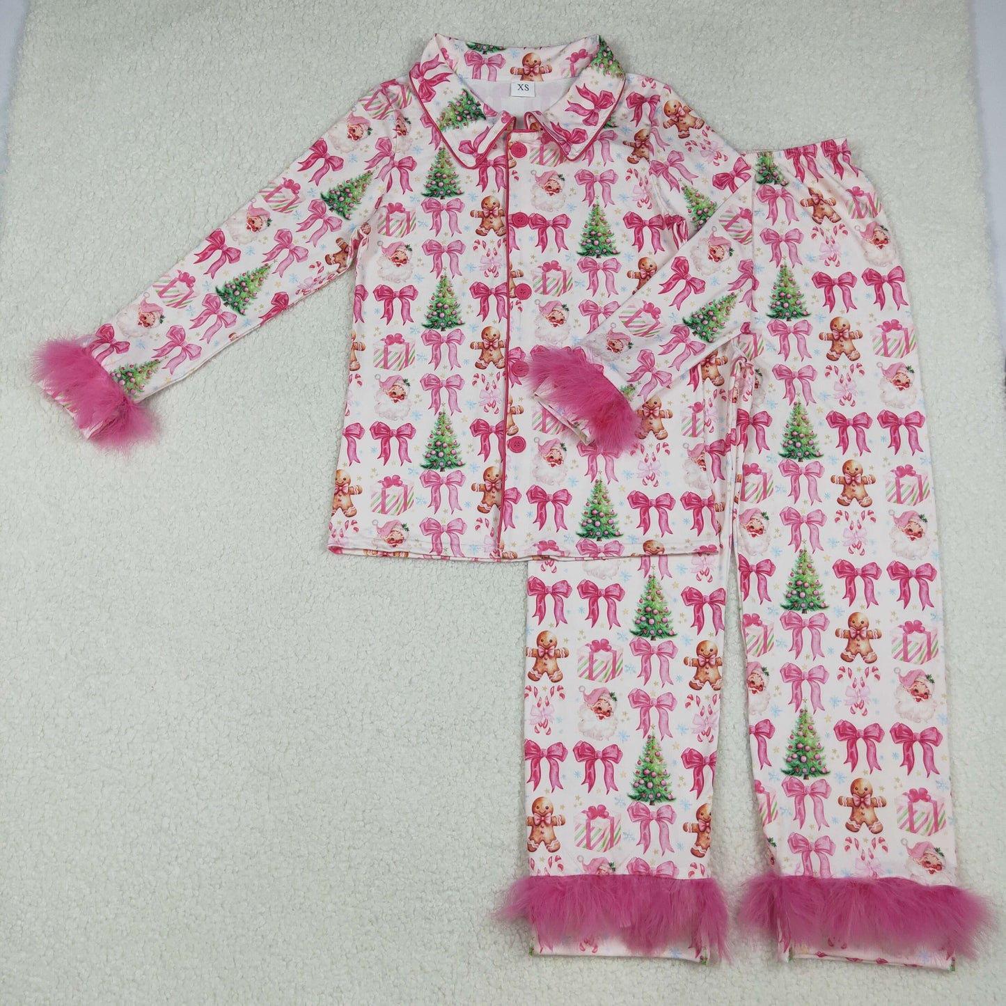 GLP2717 Adult Women Pink Bows Santa Plaid Button Top Pants Christmas Fur Sleeve Pajamas Set