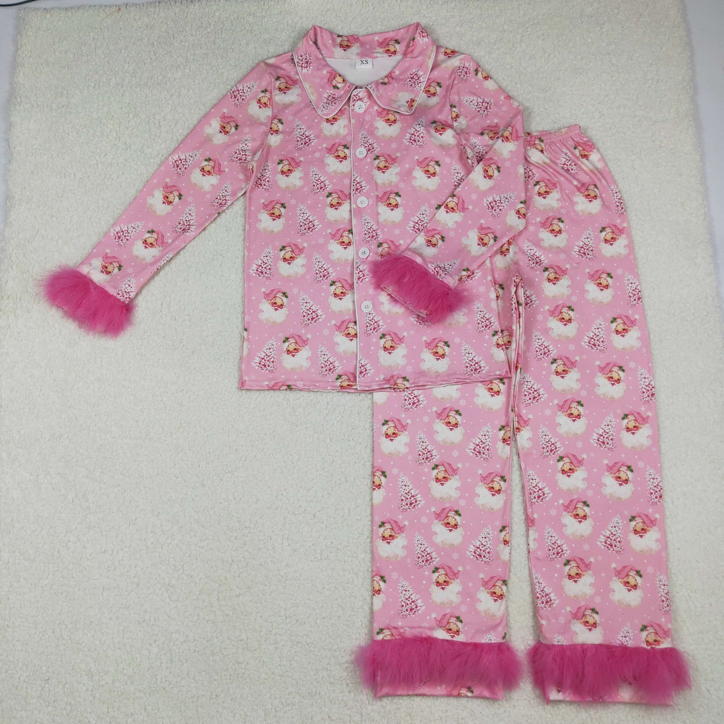 GLP2718 Adult Women Pink Trees Santa Button Top Pants Christmas Fur Sleeve Pajamas Sets