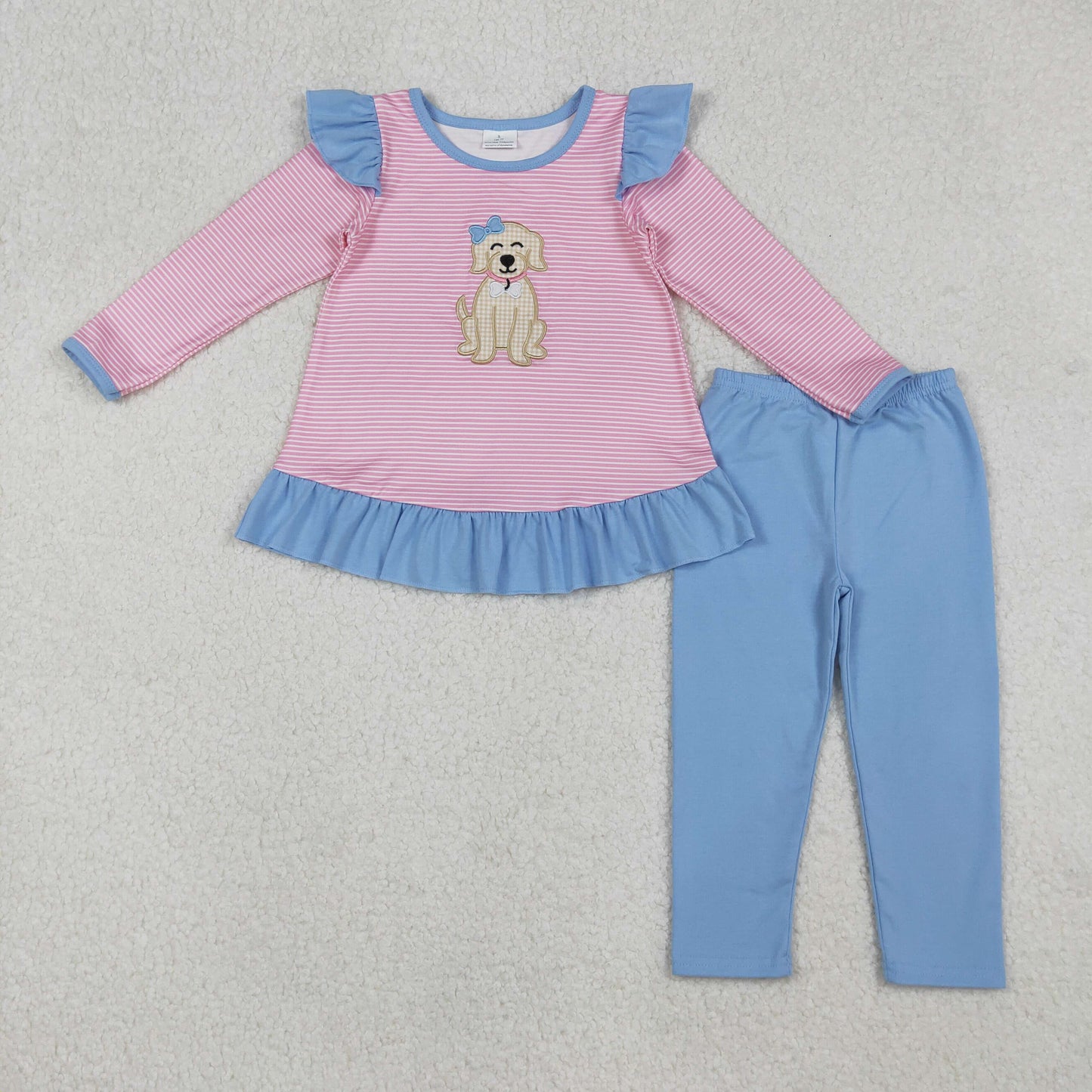 Sibling Baby Girls Embroidery Bows Dogs Stripe Tunic Leggings Pants Valentine Clothes Sets