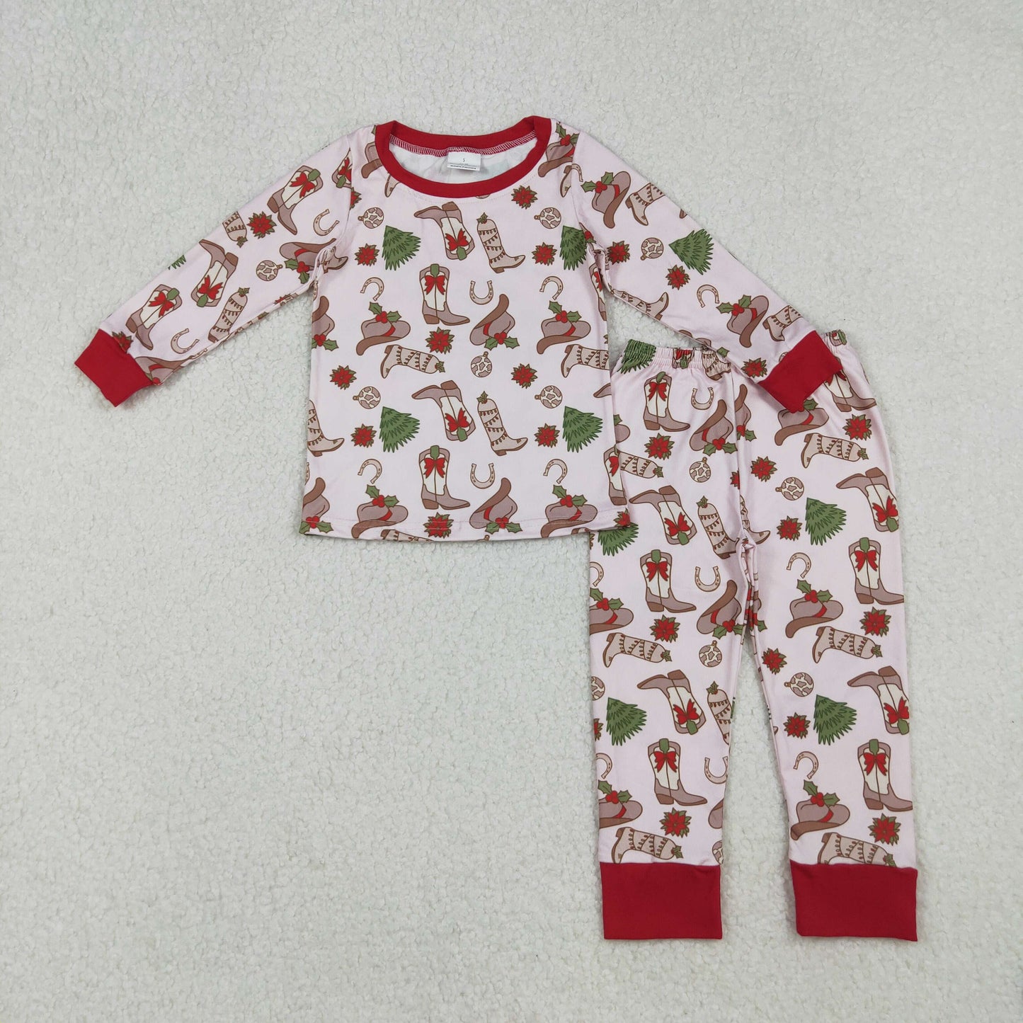 GLP2729 Baby Girls Holly Boots Trees Top Pants Christmas Pajamas Sets