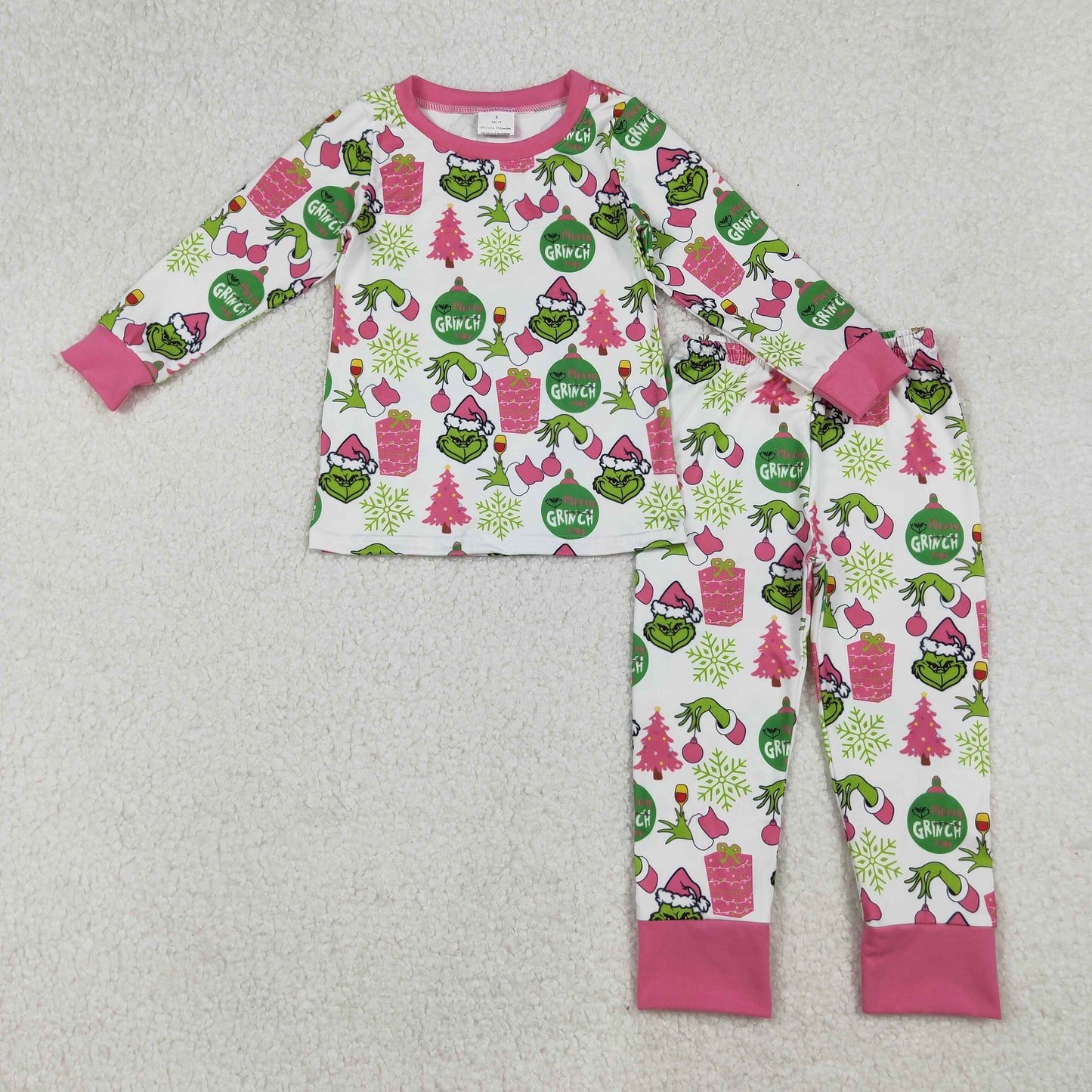 GLP2733 Baby Girls Green Faces Lights Gifts Top Pants Christmas Pajamas Sets