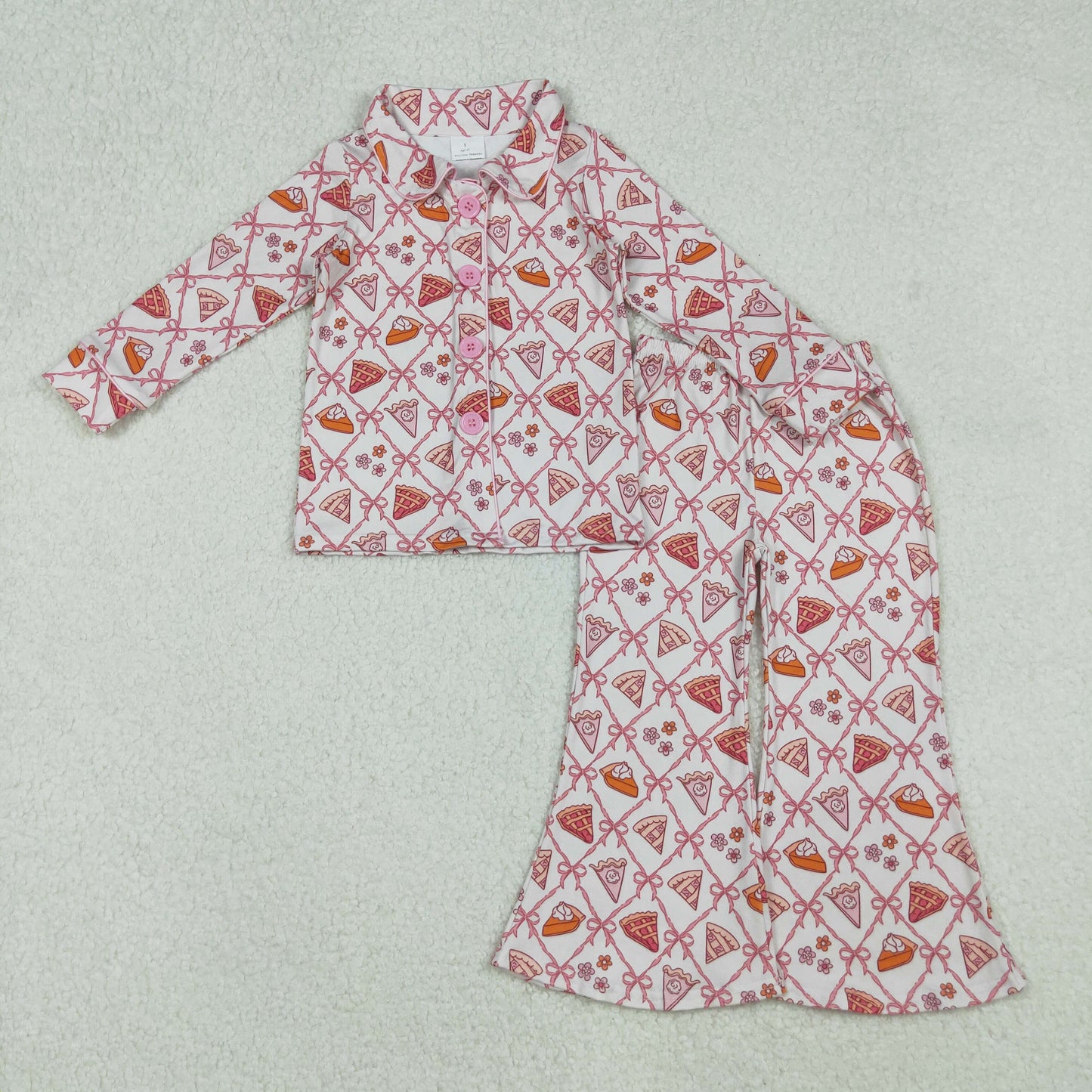 GLP2738 Baby Girls Bows Flowers Pie Checked Button Top Bell Bottom Pant Thanksgiving Pajamas Sets